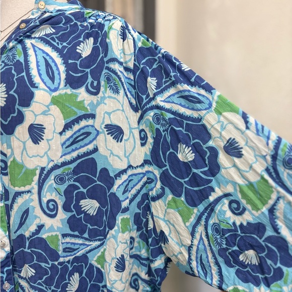 Nicole Miller Blue Green Floral Paisley Print Bishop Sleeve Button Front Top - Picture 3 of 10